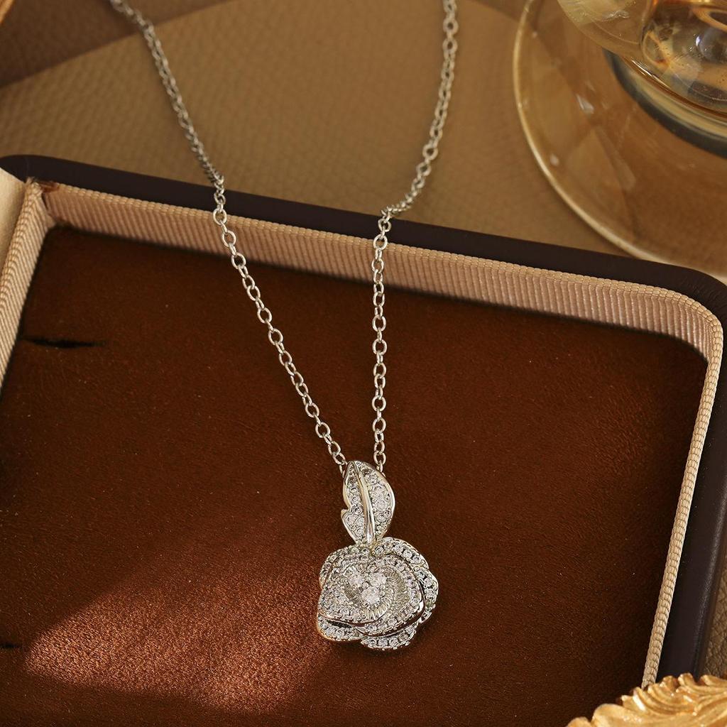 Exquisite French Design Rose Zircon Pendant Necklace - High-End Versatile Clavicle Jewelry for Women