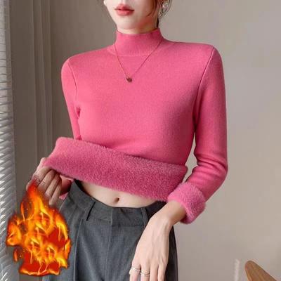 Women's Pink Turtleneck Sweaters Warm Plush Lined Knitted Pullovers Vintage Warm Sueter Malhas Casual Knitwear Stretch
