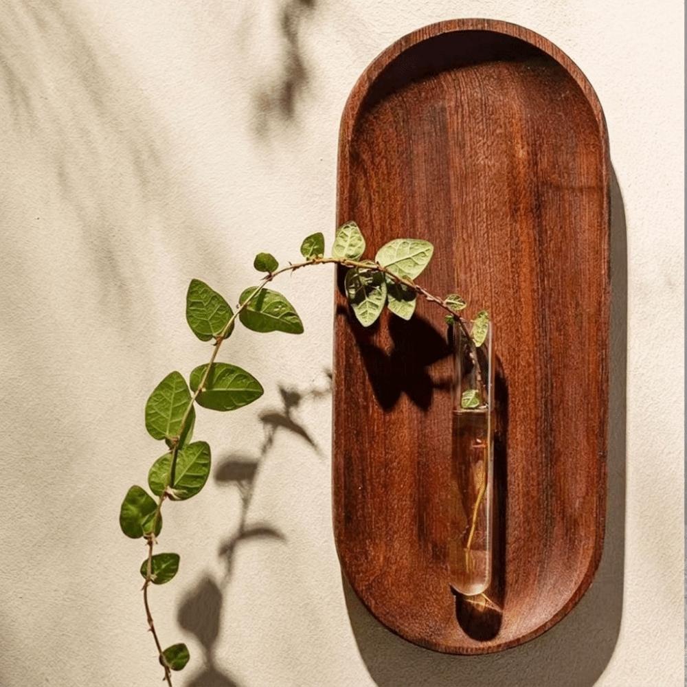 Minimalist Wall Hydroponic Vase Solid Wood Oval Tube Wall Vase Hanging Plant Panel Home Decor