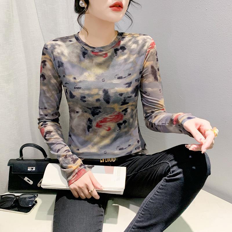 

2024 European Tie-Dye Mesh Slim Fit Women s Pullover Top 3XL