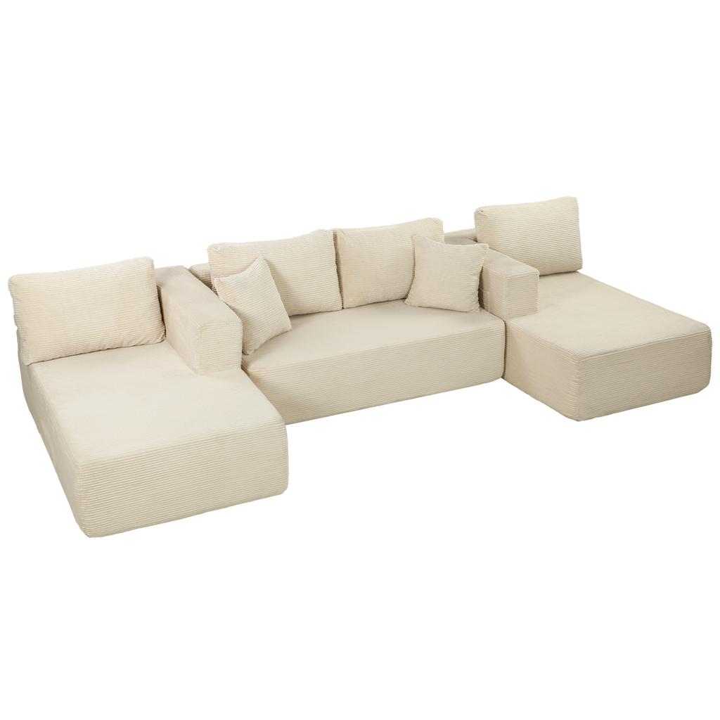 Modular U-Shaped Compressed Sofa, 337 cm, 4-Seater Convertible, Corduroy, Wide Seat, Cream