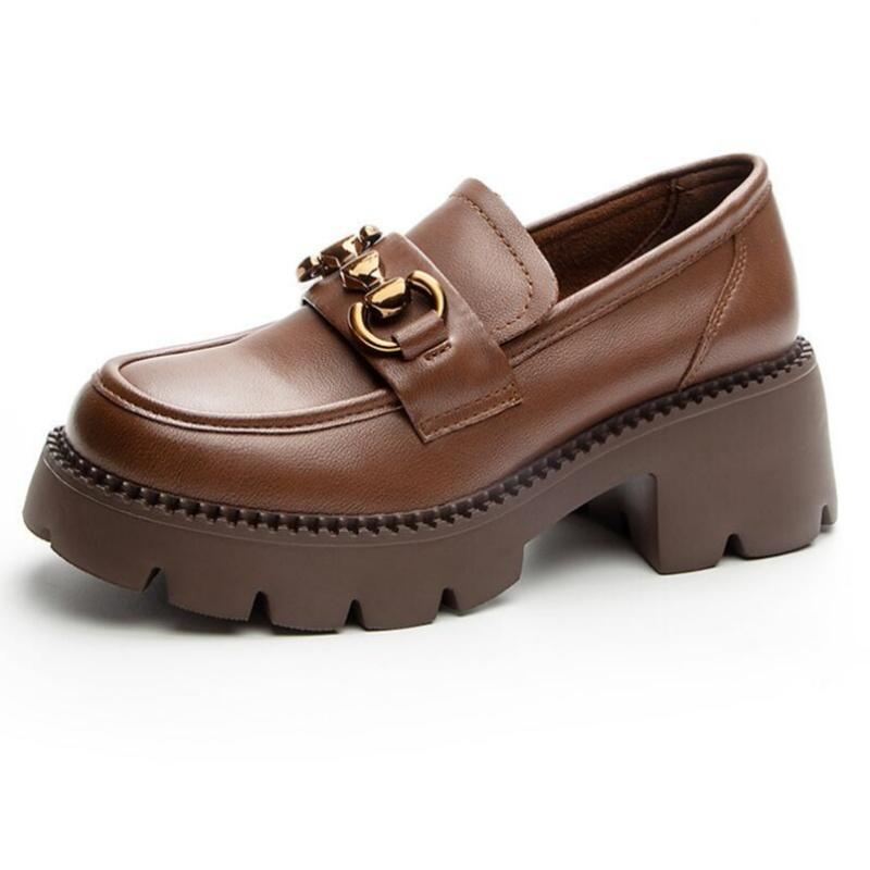 Women Thick Heel Loafers Slip On Pumps Spring Autumn New Design Metal Genuine Leather Round Toe High Heel Platform Shoes