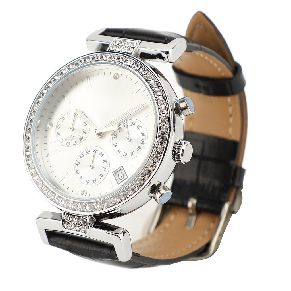 Women Watch Rhinestone Decoration Waterproof Leather Strap Round Dial Mechanical Watch for Outdoor