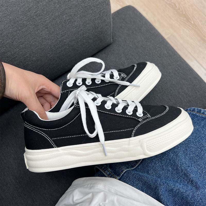 

Весенние женские низкие белые парусиновые кеды 2025 года - в японском стиле, повседневные и универсальные 35 чёрный