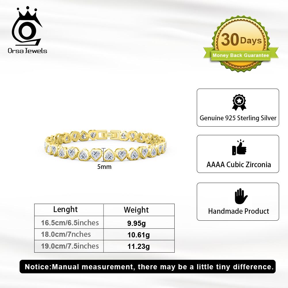 ORSA JEWELS Elegant 925 Sterling Silver Heart Cut 4A Zircon Tennis Bracelet for Women 14K Gold CZ Hand Chain Party Jewelry SB165