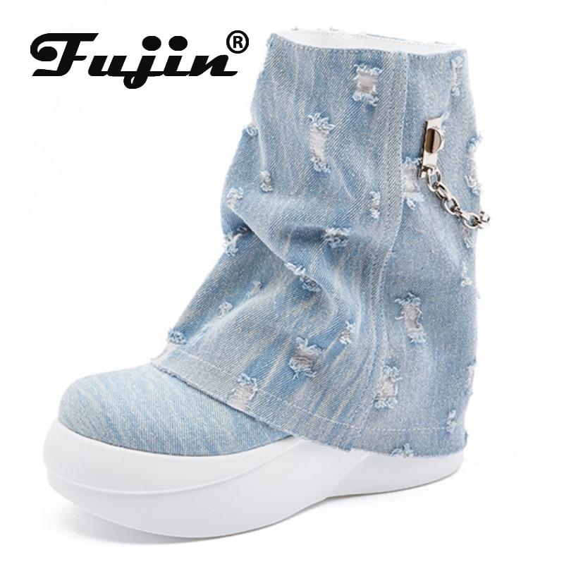 

Fujin/6 см джинсовая обувь на танкетке, женские весенние ботильоны до середины икры, эргономичные осенние дышащие туфли на высоком каблуке, стабильная мода