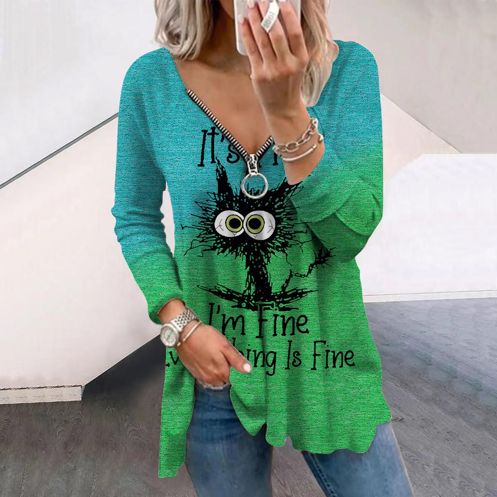 T-shirt da Donna Autunnali Creative con Stampa Catletter Manica Lunga Ampie Scollo a V Taglie Forti Maglietta Top Blusa Comoda