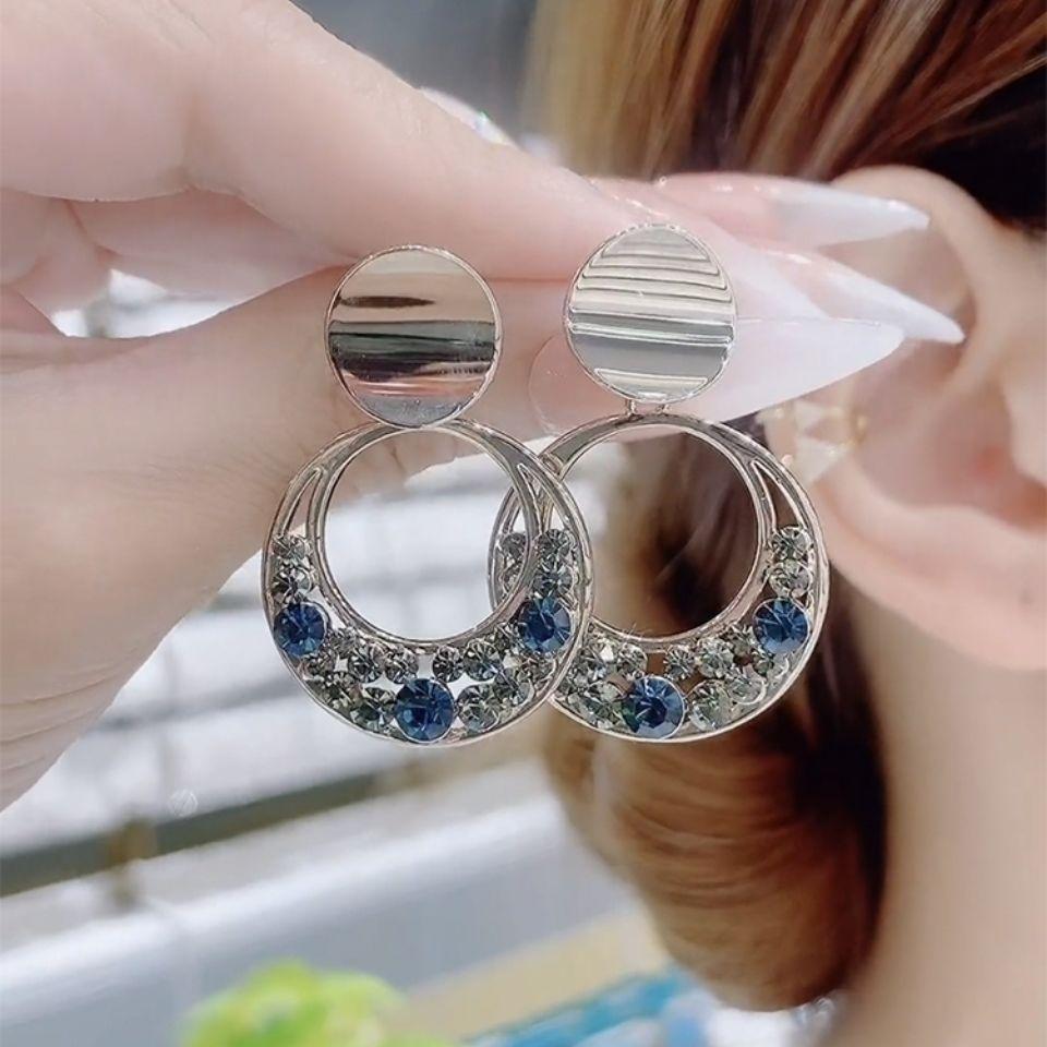 New Round Silver Colour Inlaid Blue Crystal Earrings Women's Personality Fashion Earrings Wedding Jewelry Birthday Gifts