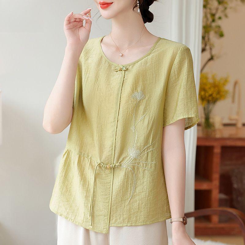 

Summer 2026 New Fashion Short Sleeve Suit for Middle-aged and Elderly Women - Chinese Style Two-piece Set XL (90-105 jin)