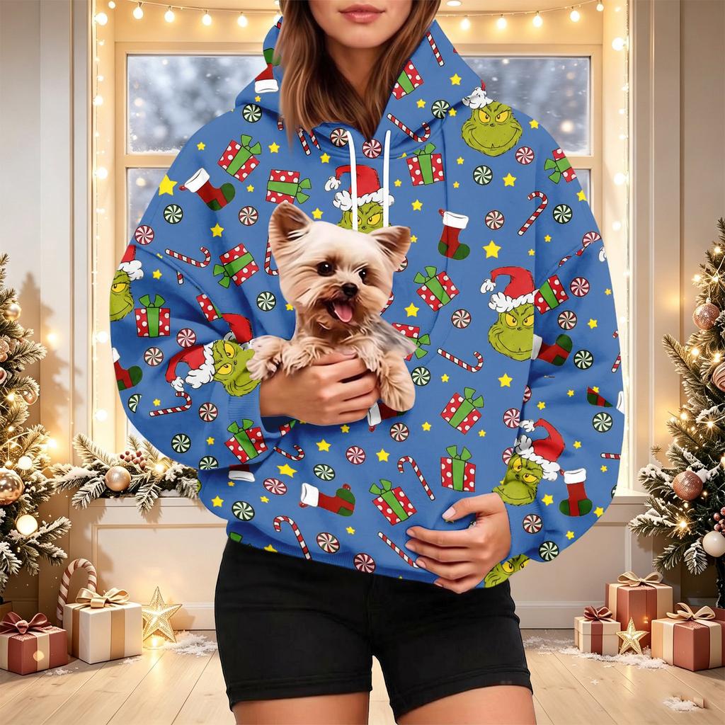 Damen Weihnachts-Print Kapuzenpullover mit Haustier-Tasche, Lässiger Feiertags-Pullover