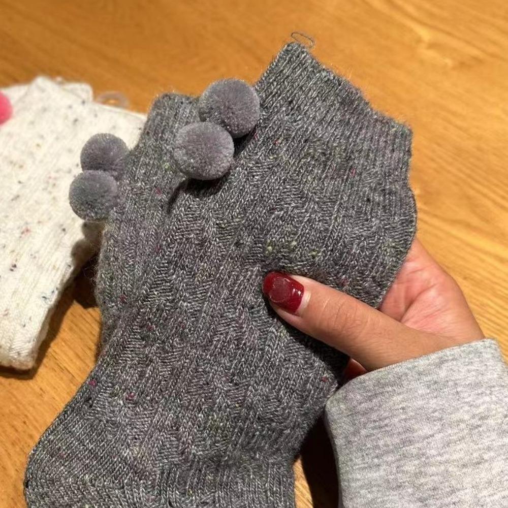 Plush Ball Mid Tube Socks Thick Warm Knit Socks Women Cute Wool Mid-Calf Socks  Girls