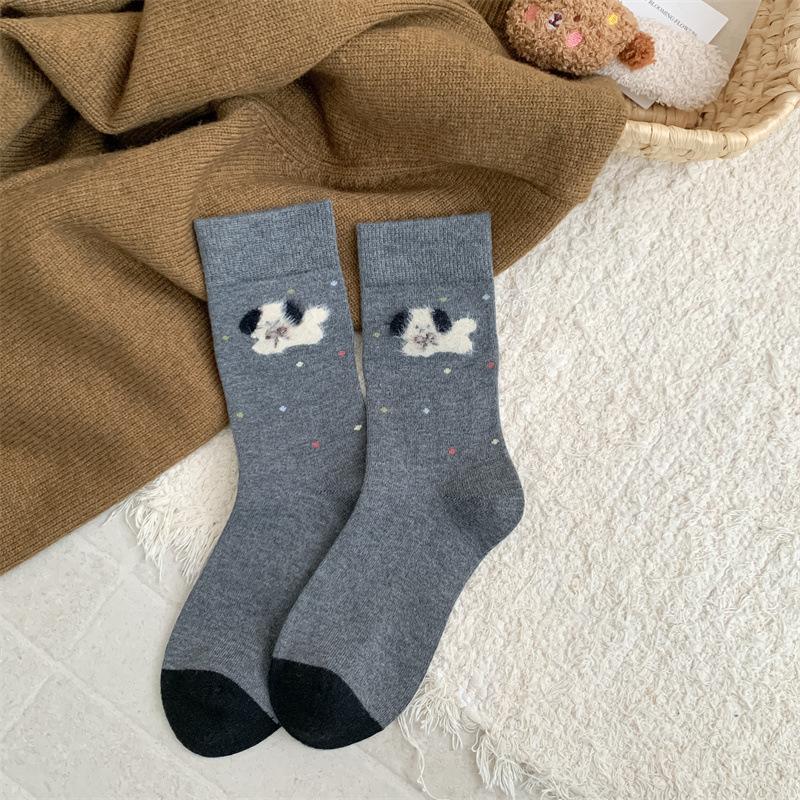 

Осенне-зимние ретро шерстяные плюшевые мультяшные носки до середины икры с кашемиром для тепла 1 pair темно-серого