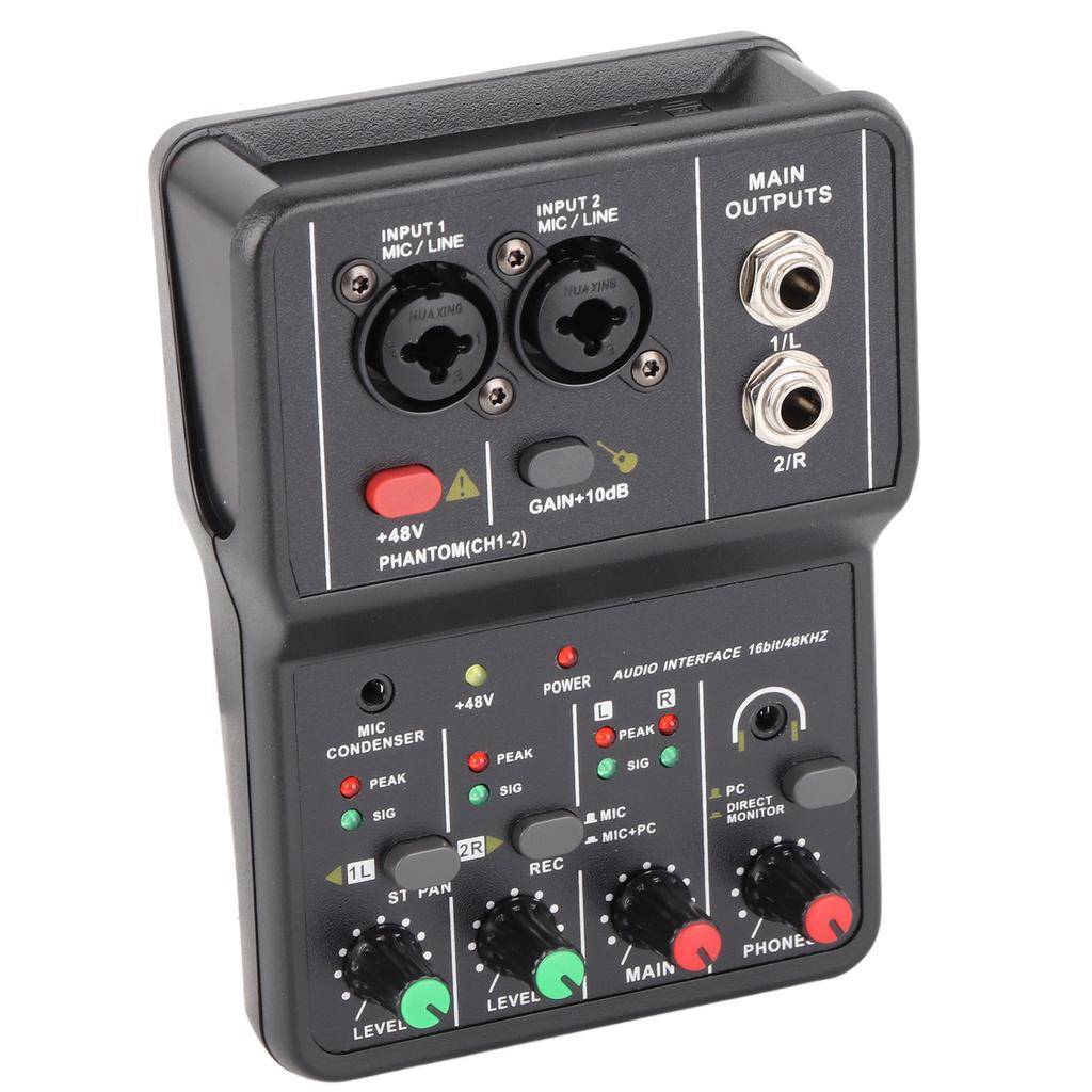 2 Channels Audio Mixer USB 48V Phantom Power Compact Sound Mixing Console for Music Recording Home Karaoke Internet