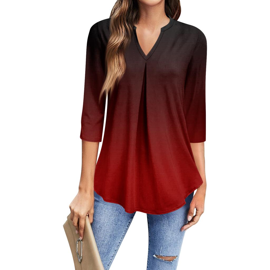 Women's Fashion Casual Three-Quarter Sleeve T-Shirt Printed V-Neck Top