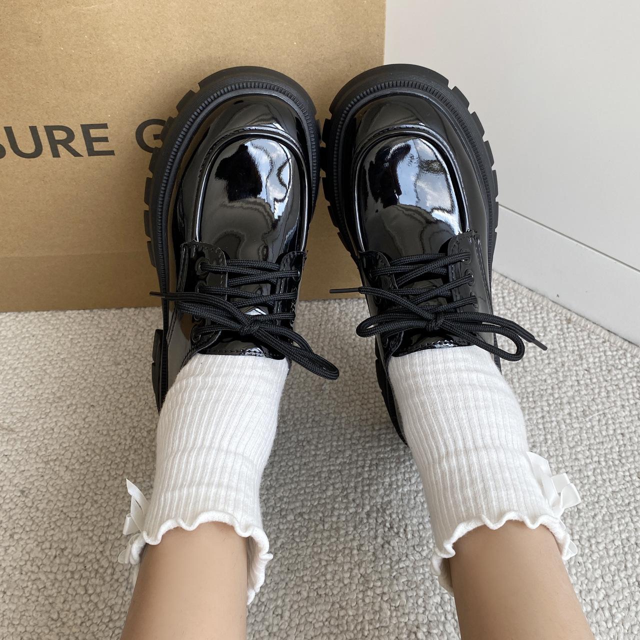 

Black platform small leather shoes women s British style spring and autumn new loafers student lace-up Mary Jane shoes 40