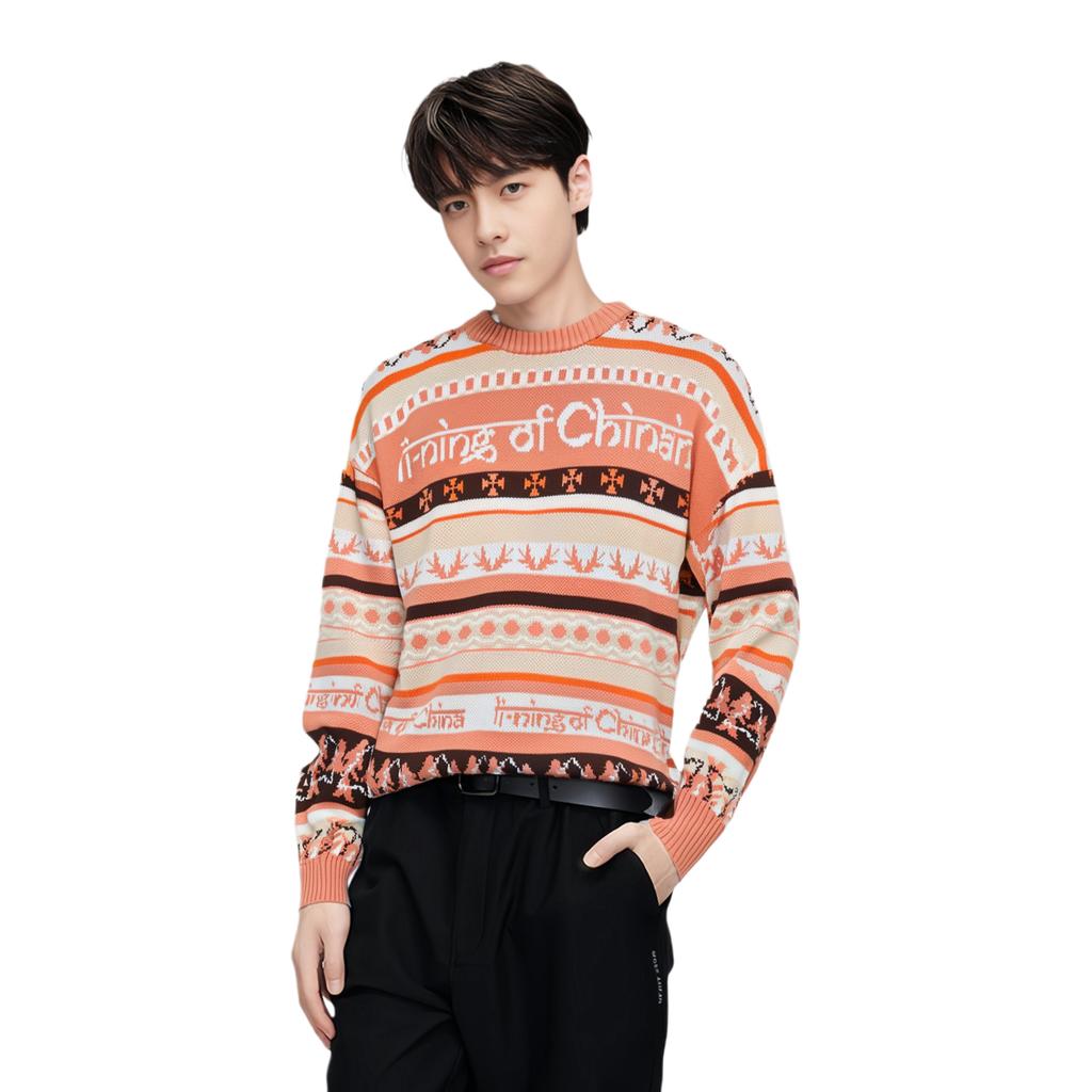 Li Ning Knitwear Unisex Sunset Orange Jacquard Crew Neck Moderate Other AMBT129-2