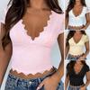 Cross-Border Amazon Foreign Trade Women Clothes Summer Sexy Deep V Lace Slim Fit Navel Embroidered Short Sleeve Lace Shirt