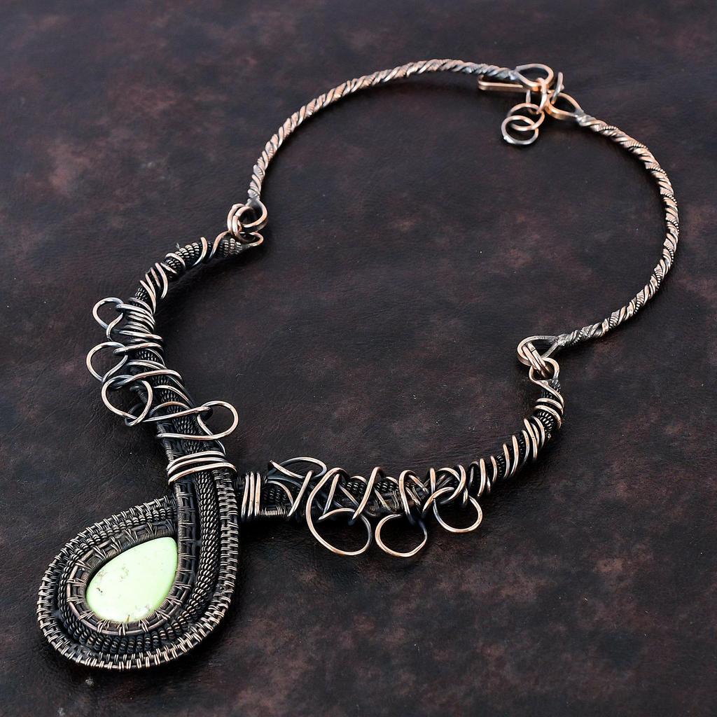 Lemon Chrysoprase Necklace Copper Wire Wrapped Necklace Handmade Gemstone Necklace Beautiful Copper Jewelry Adjustable Necklace Gift For Mom
