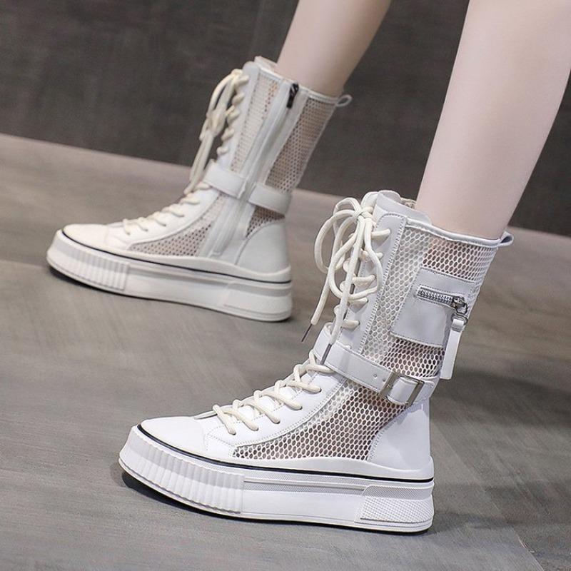 Sommer Damen Cool Boots Mode High Top Freizeit Hollow Boots Seitenreißverschluss Mid-Calf Boots für Damen Lässige Plateau-Stiefel Botas