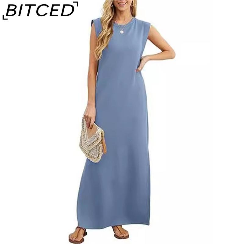 BITCED Women's Summer Solid-Colour Casual Loose-Fit Pocket Dress Long Dress