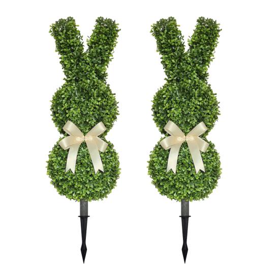 2 Pcs Artificial Bunny Topiary Tree with Spike UV-Resistant Spring Faux Boxwood Bushes Fake Rabbit Shaped Shrubs for Garden Patio Front Porch Indoor