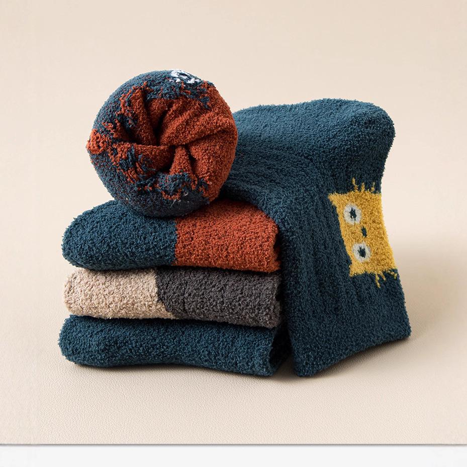 3-Pack Children's Cocoa Cat Terry Socks: Thickened, Warm Winter Mid-Calf for Boys & Girls