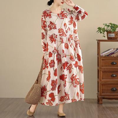 DIMANAF Nuovo 2025 Donna Taglie Forti Primavera Abito Lungo Morbido Base Vintage Oversize Manica Lunga Maxi Floreale