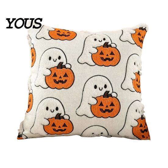 Cozy Bedroom Cushion Cover Ghost Pumpkin Cover, Halloween Throw Pillow Cute Gift Ideas Embroidered Case, Soft Plush Pillowcase for Couch Sofa Holiday