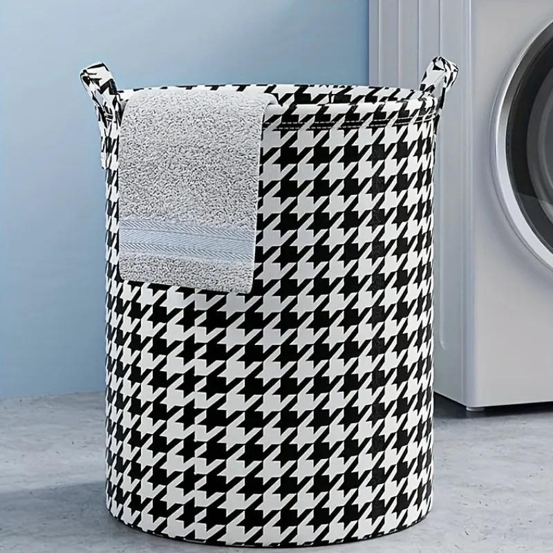 Foldable Houndstooth Laundry Hamper, Modern Fabric Storage Basket with Handle, Versatile for Bedroom, Bathroom, Living Room