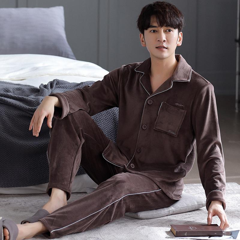 Island Fleece Pajamas Men'S Autumn And Winter Fleece Thickened Coral Fleece Thermal Loungewear Can Be Worn Outside The Suit