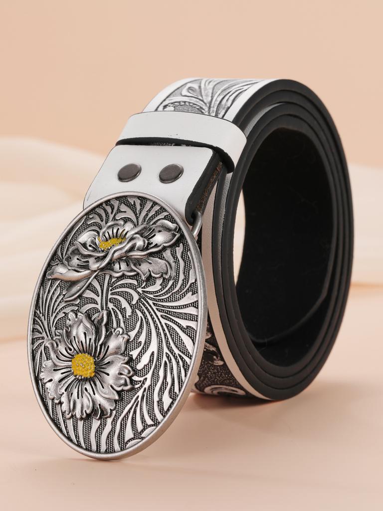 Silver Plated Sunflower Ladies Belt Spice Girl Embossed Vintage Plate Buckle Belt Jeans Decorative Belt