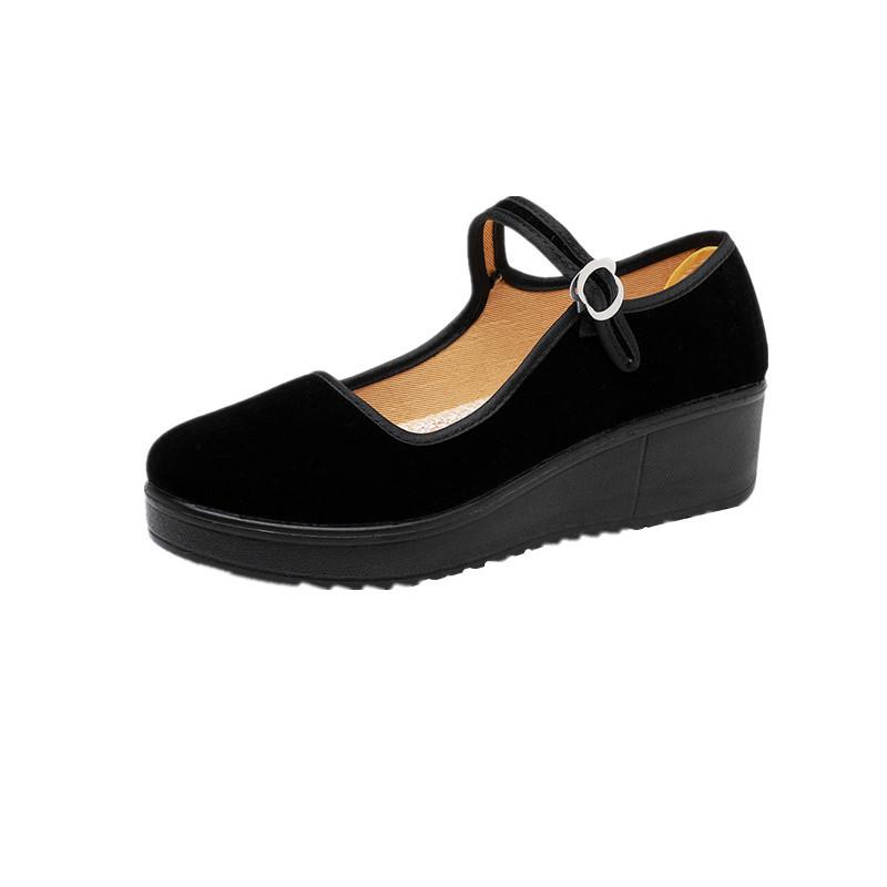 Polyurethane Sole Women's Black Cloth Shoes - Flat and Wedge Heel with One Strap for Work or Dance