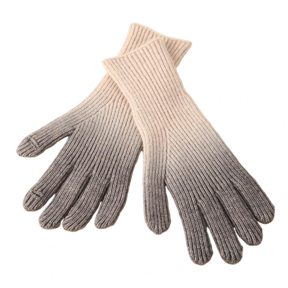1 Pair Women Fall Winter Gloves Gradient Contrast Color Knitted Five Fingers Stretchy Anti slip Thermal Windproof O