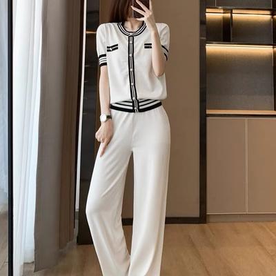 Frühling Sommer Damen Professionelles Strick-Hosen-Set mit weitem Bein