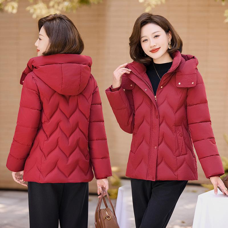 Thickened middle-aged and elderly cotton clothes women's hooded short rhombus pressing line design mother cotton clothes source