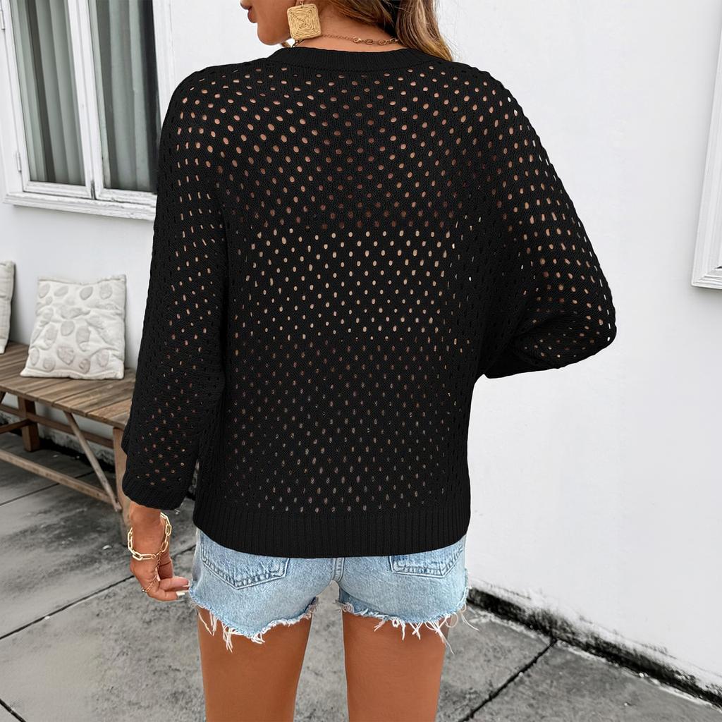 Women's Color Round Neck Openwork 3/4 Sleeve Knit Top for Beach and Casual Wear