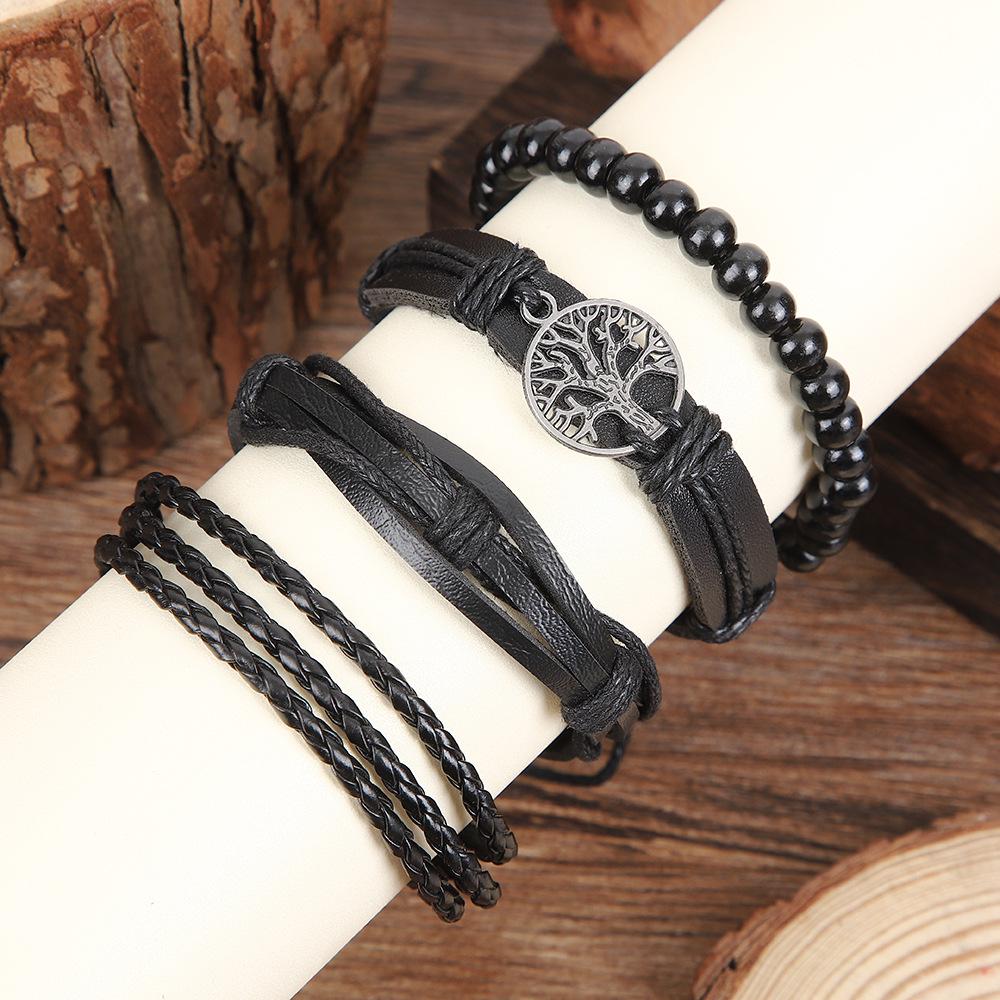 Men's Retro Tree of Life Cowhide Bracelet: Woven, Multi-layered Wood Bead with Punk Style