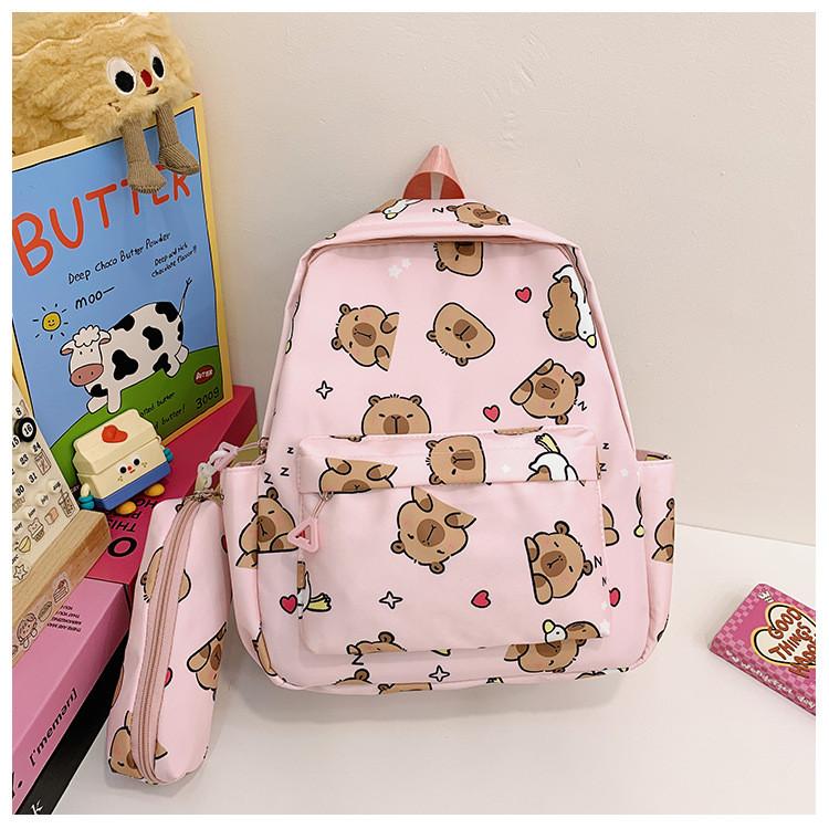 Dual Trendy Capybara Shoulder Backpack Featuring Pencil Holder For School Kids