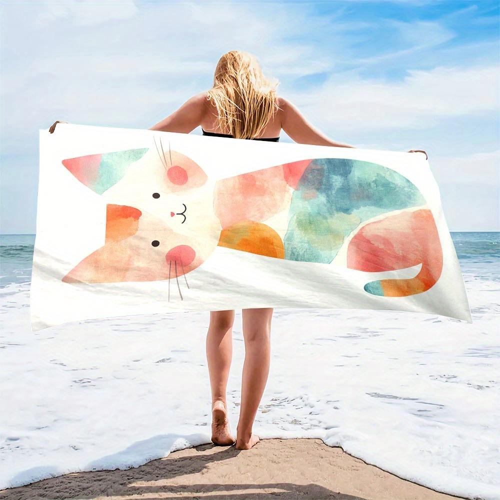 1pc Cute Cat Microfiber Beach Towel Scarf - Lightweight, Quick-Dry, Absorbent Travel Accessory with Vibrant Watercolor Design