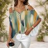 Women Plus Size Off Shoulder V Neck Short Sleeve Blue Black Abstract Print Loose Blouse