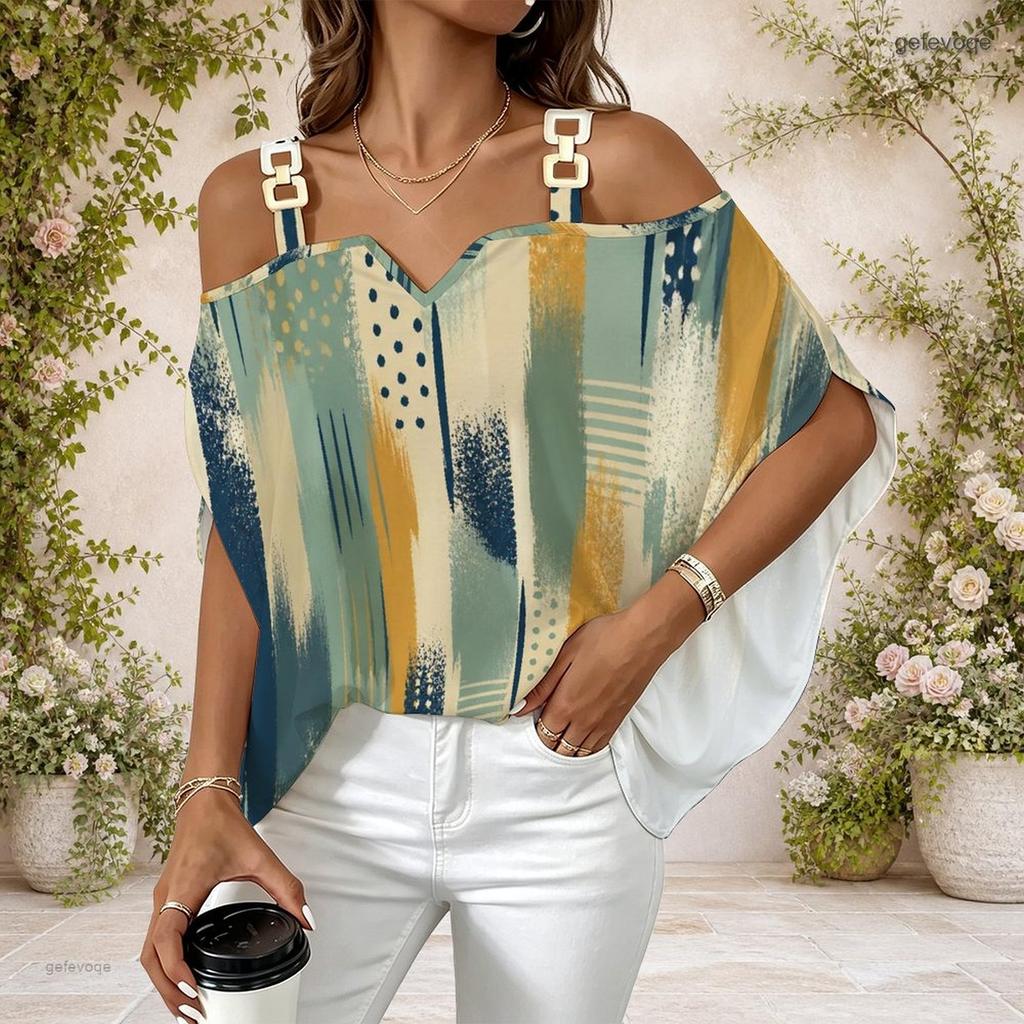Women Plus Size Off Shoulder V Neck Short Sleeve Blue Black Abstract Print Loose Blouse