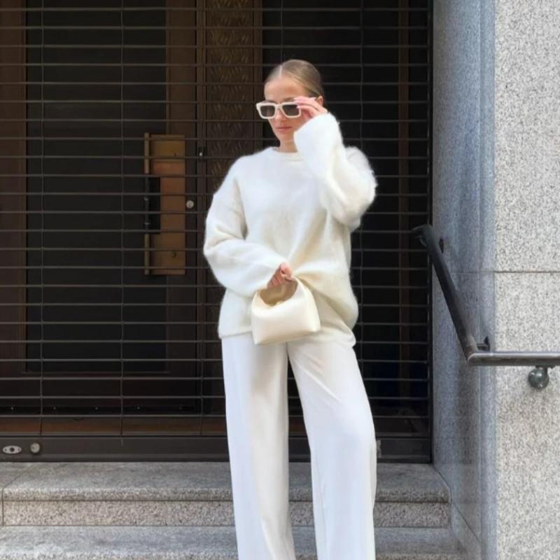 

Женский зимний винтажный свитер с круглым вырезом и длинным рукавом 2025 года, новый повседневный свободный трикотажный свитер L бежевый