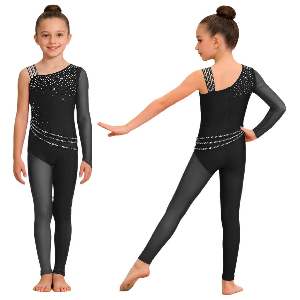 Girls Figure Skating Gymnastics Jumpsuit Asymmetrical Design Back Invisible Zipper Mesh Patchwork Sparkly Rhinestones Bodysuit for Competition