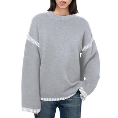 Autumn and Winter Women's Plus Size Sweater Fashion Solid Color Round Neck Loose Long Sleeve Color Clash Stranded Knitted Pullover Sweater