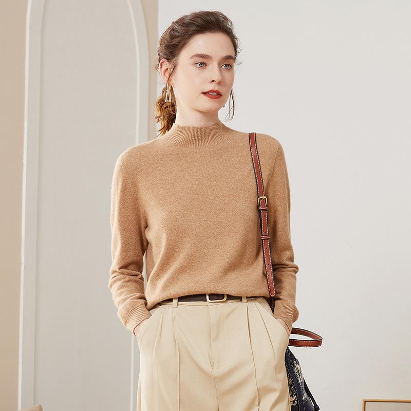 Women's Cashmere Half-High Collar Knit Sweater - Loose, Slimming Base Layer Top