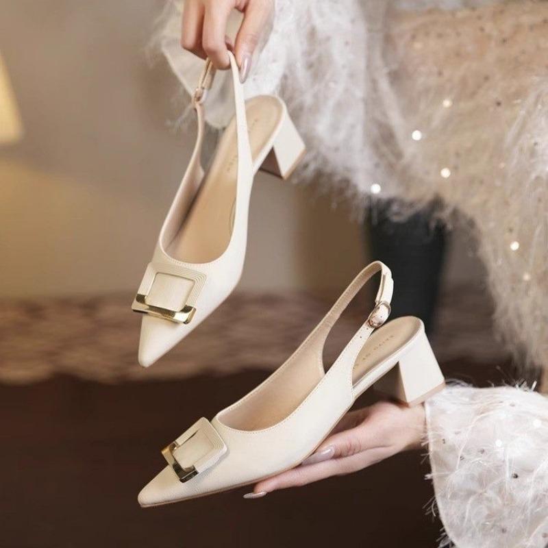 White Square Button Head Thick Heel High Heels Women's Not Tired Feet New Versatile Medium Heel Light Mouth Single Shoes Women's Leather Shoes