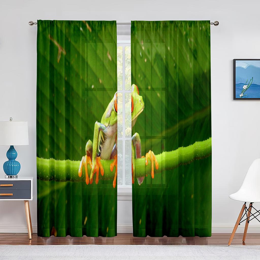 Grünes Tier Rote Augen Laubfrosch auf Blatt Tüllvorhang für Wohnzimmer Schlafzimmer Küchendekor Voile Transparenter Vorhang Fenstervorhänge