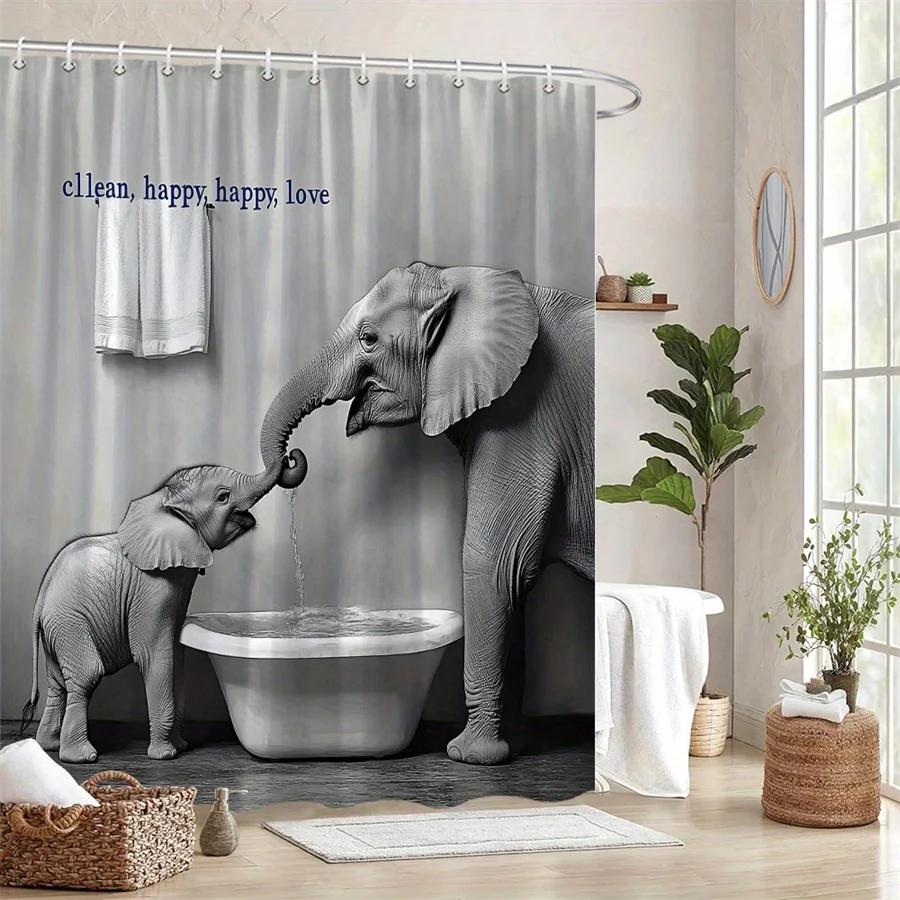 1Pc & Adult Elephant With Bathtub Shower Curtain - Black-And-White Photography Design, Minimalist Bathroom Decor, Durable Polyes