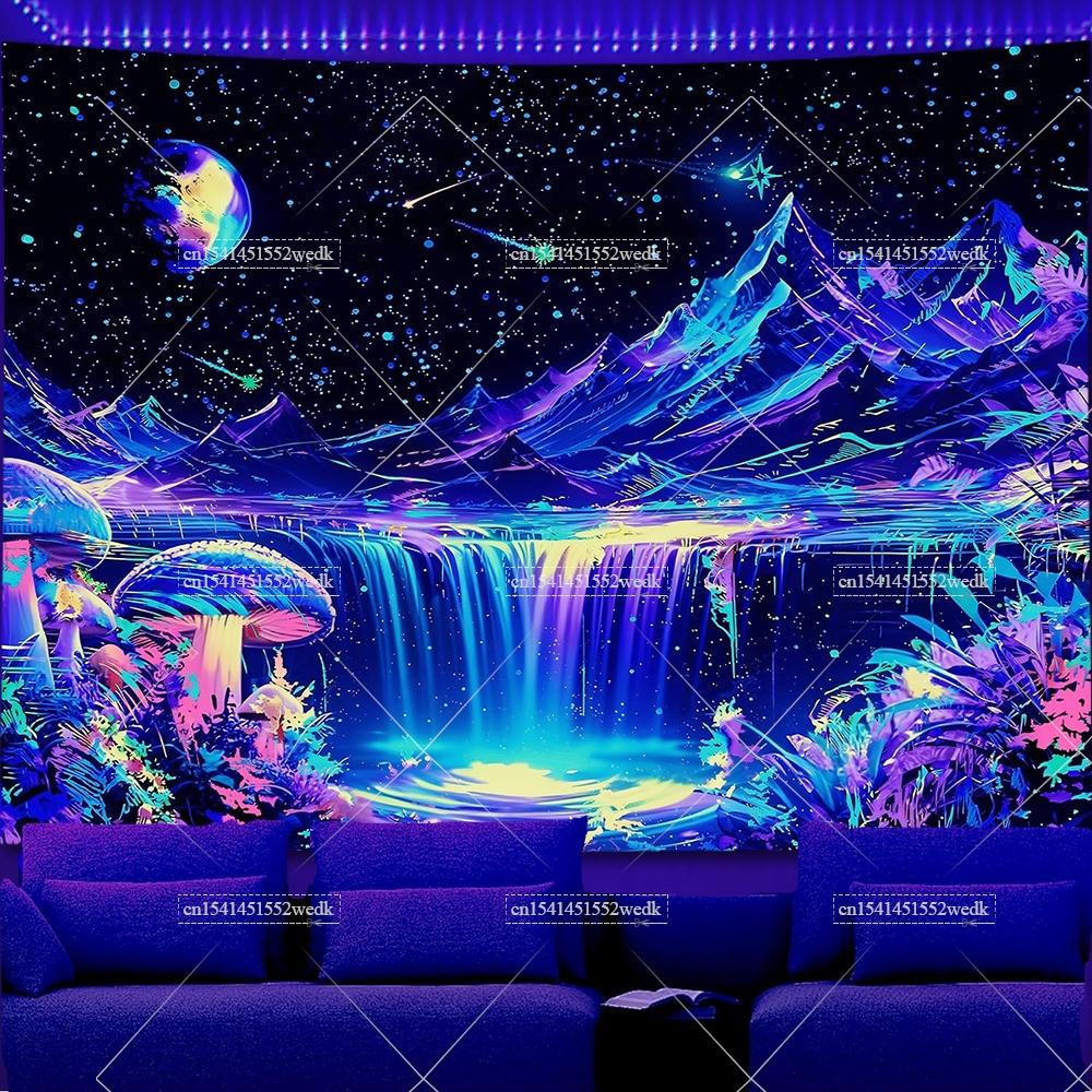 Blacklight Tapestry Mountains Wave Glowing UV Reactive Forest Moon Neon Tapestrys Aesthetic Trees Fluorescent Tapestries