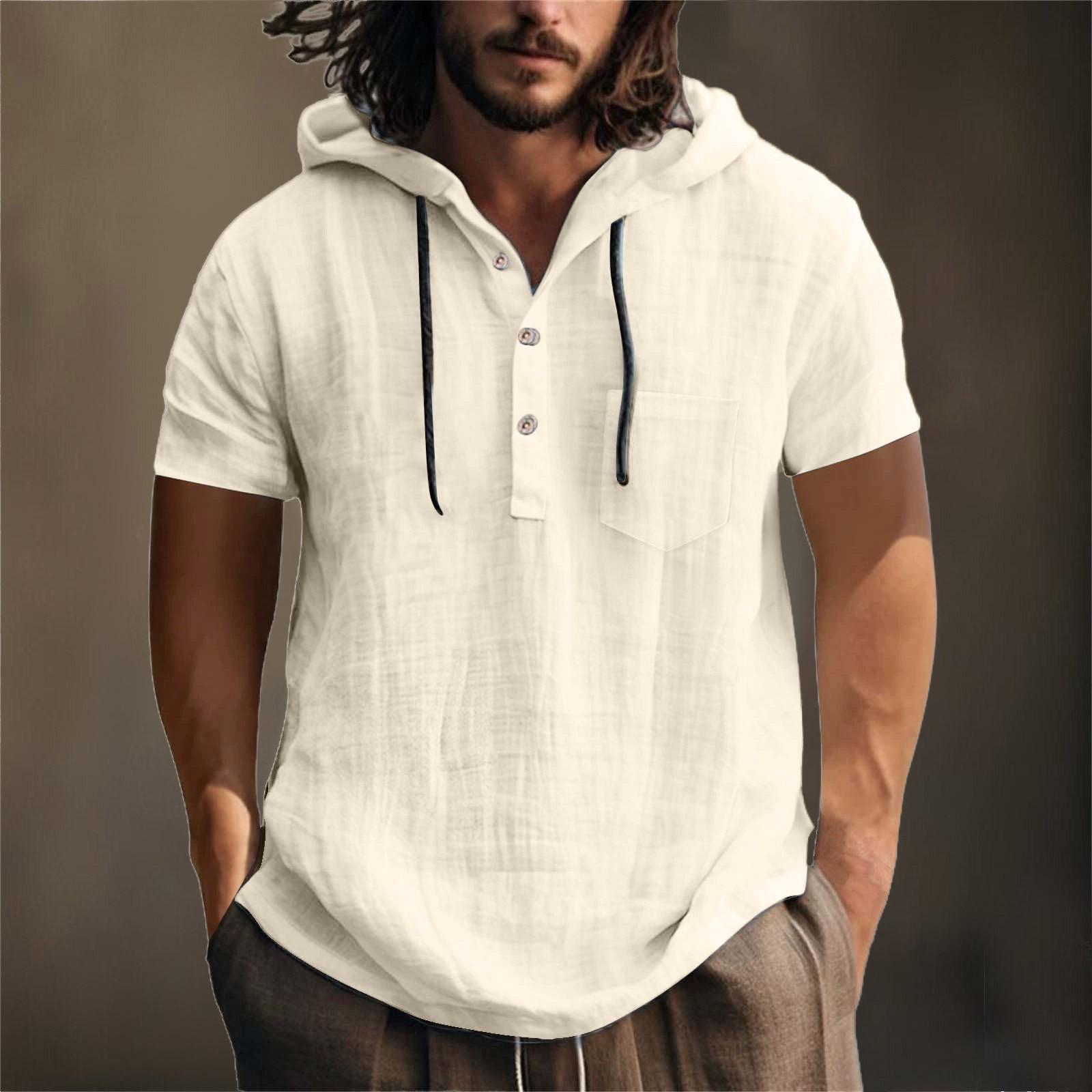 

Мужская летняя хлопковая конопляная хлопковая тонкая повседневная однотонная свободная куртка с капюшоном и коротким рукавом M